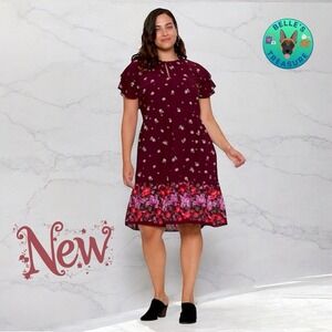 Old Navy Dress Women XL Swing Burgundy Floral Ruffle Keyhole Neck Flutter Sleeve